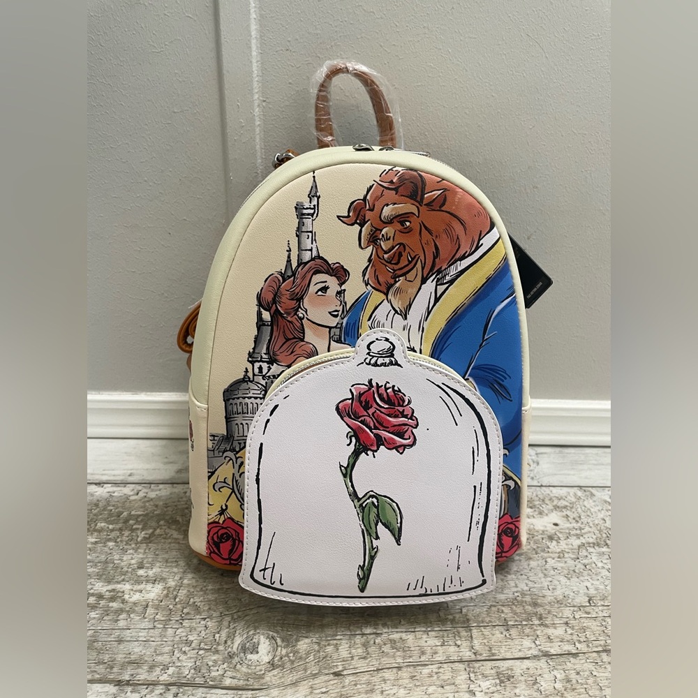 NWT Loungefly beauty and the beast belle rose couple backpack
